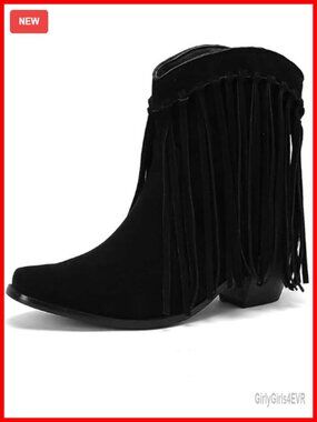 Faux Suede Fringe Tassel Square Toe Ankle Cowgirl Boots
